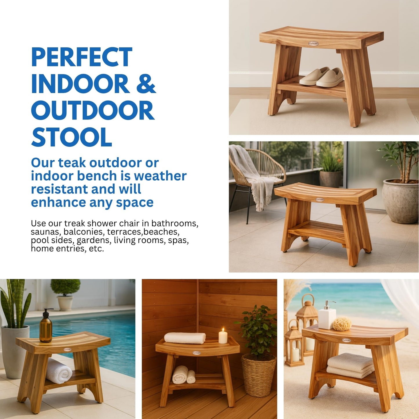 EcoDecors 24 Inch Serenity Teak Shower Bench – Waterproof Bathroom Seat with Large Storage Shelf For Adults & Seniors | Spa-Style Teak Wood Stool with Non-Slip Feet, Elegant Finish, 300 Pound Capacity