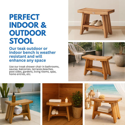 EcoDecors 24 Inch Serenity Teak Shower Bench – Waterproof Bathroom Seat with Large Storage Shelf For Adults & Seniors | Spa-Style Teak Wood Stool with Non-Slip Feet, Elegant Finish, 300 Pound Capacity