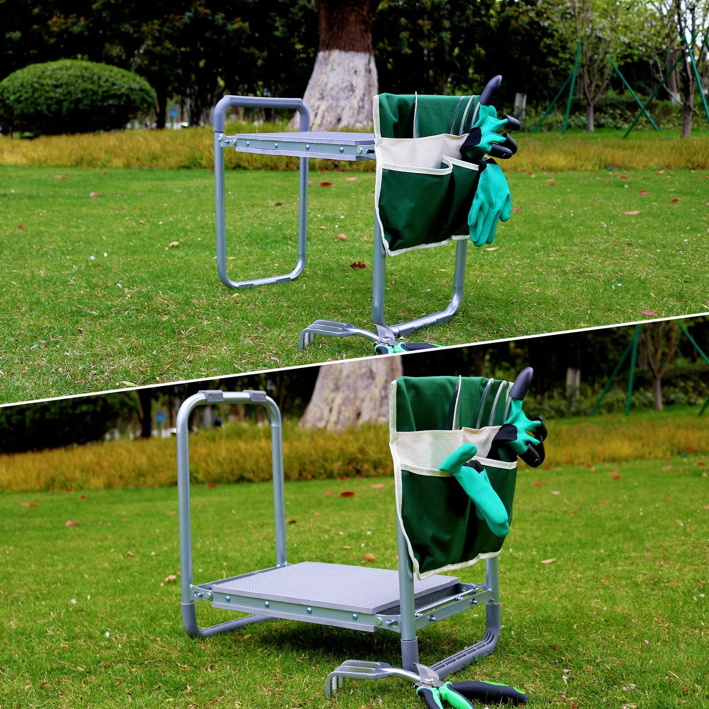 BDL Garden Kneeler Seat Foldable Durable Garden Stool with Tool Bag Pouch and Garden Gloves 330lb Capacity-Protects Your Knees, Clothes from Dirt & Grass Stains