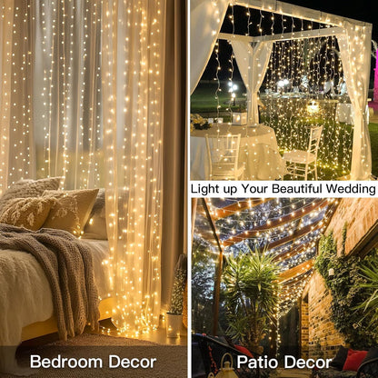 Suddus Curtain Lights - 300 LED Warm White String Lights for Bedroom | 9.8x9.8ft Backdrop Decor
