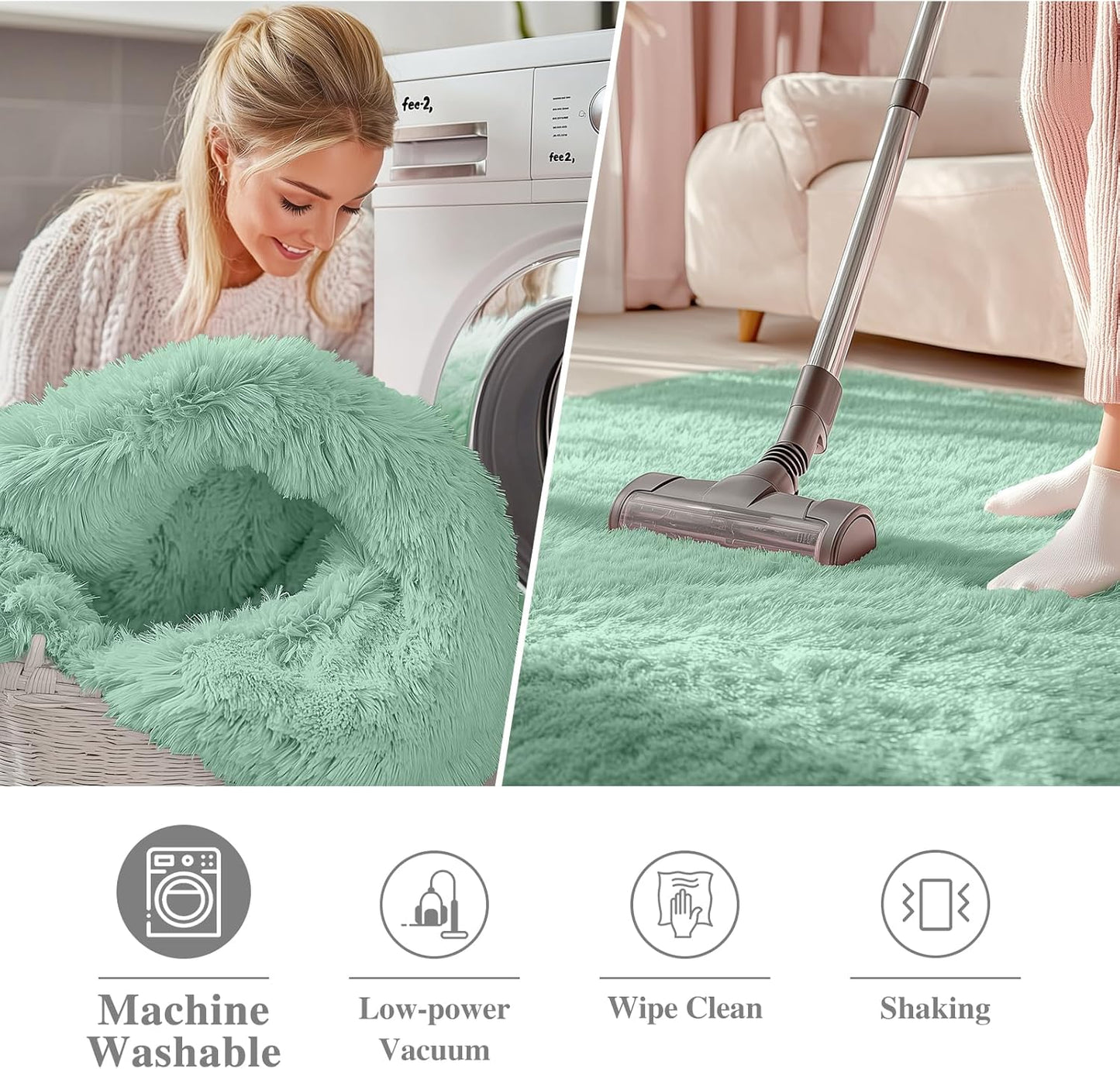 OLANLY Mint Green Round Rug - Soft, Fluffy Shaggy Carpet | 8 ft Machine Washable Area Rug for Bedroom & Living Room Decor