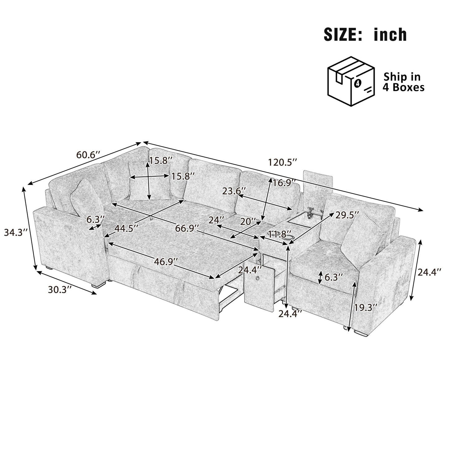 ERYE 120.5-Inch Oversized Sleeper Sectional Sofa W/Pull Out Sleeper Couch Bed, Modern Chenille Upholstered Reversible Modular Sectional Sleeper Sofa with Console & Cupholders