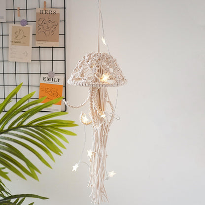 Macrame Wall Hanging,Jellyfish Dream Catcher with Star Lights,Bohemian Woven Wall Art Decor Beautiful Apartment Dorm Room Door Decoration (White)