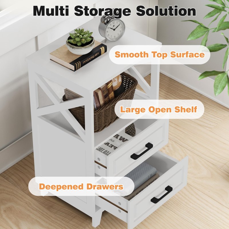 May in Color White Nightstand Set of 2, Tall Side Table, Farmhouse End Table with 2 Large Storage Drawers Cabinet, Wooden Rustic Bedside End Table for Bedroom, Home Office, White