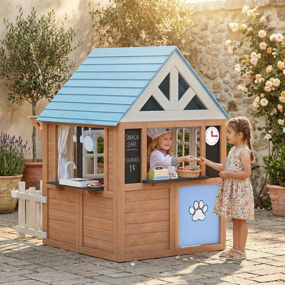 Qaba Outdoor Playhouse with Pet Door, Wooden Kids Playhouse with Play Kitchen, Mailbox, Doorbell, Birdhouse, Fence and Windows for Garden, Backyard, Indoor Playroom Pretend Play, Ages 2+, Brown