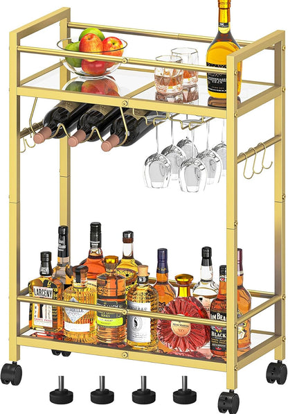 2 Bar Cart, Serving Cart for Home, Microwave Cart, Drink Cart, Wine Cart with Mirrored Shelves, Wine Holders, Glass