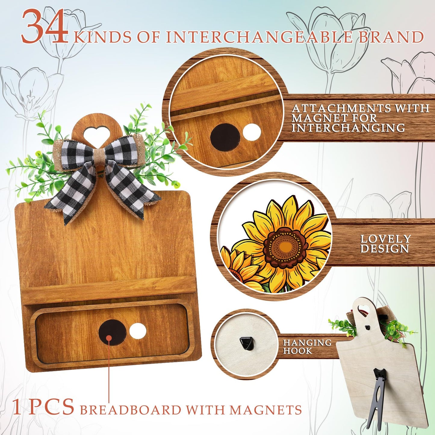GlikCeil 37 Pcs Interchangeable Seasonal Decor Farmhouse Breadboard Interchangeable Seasonal Tier Tray Decor Holiday Halloween Thanksgiving Christmas Wooden Decoration with Bow for Table Kitchen