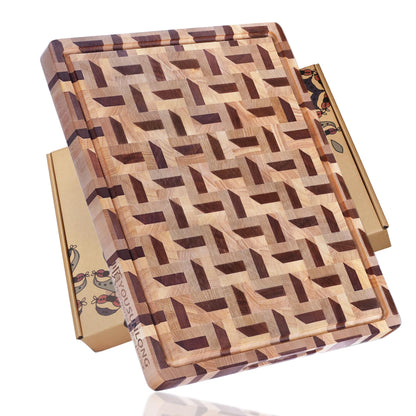 YOUSUNLONG 3D Zigzag Pattern End Grain Cutting Board - Walnut & Maple Reversible Butcher Block 20"L x 16"W x 1.5"Th with Juice Groove - Serving Block Tray for Brisket,Meat,Cheese,Charcuterie