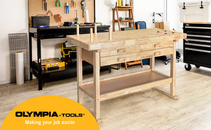 Olympia Tools 64.5” Rubber Hardwood Workbench with 4-Drawers & Clamp, 450 lb Capacity – Heavy-Duty Woodworking Storage, Tools Organizer, and Craftsman Standing Station Table for Workshop