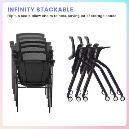 BROBRIYO, 4 Pack Stackable Conference Room Chairs with Wheels and Paddle, Ergonomic Mesh Back and Arms for Meeting, Conference, Reception, Training Room & Home Office Desk Folding Chairs (2 Boxes)