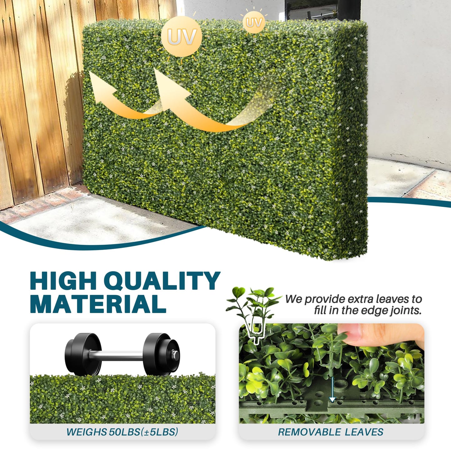 COARBOR 54" x 72" x 6" Artificial Boxwood Hedge Wall Milan with White Flowers Interior Divider Privacy Fence Faux Greenery Backdrop for Home Decor, Party Decor, Backyard Balcony Deck