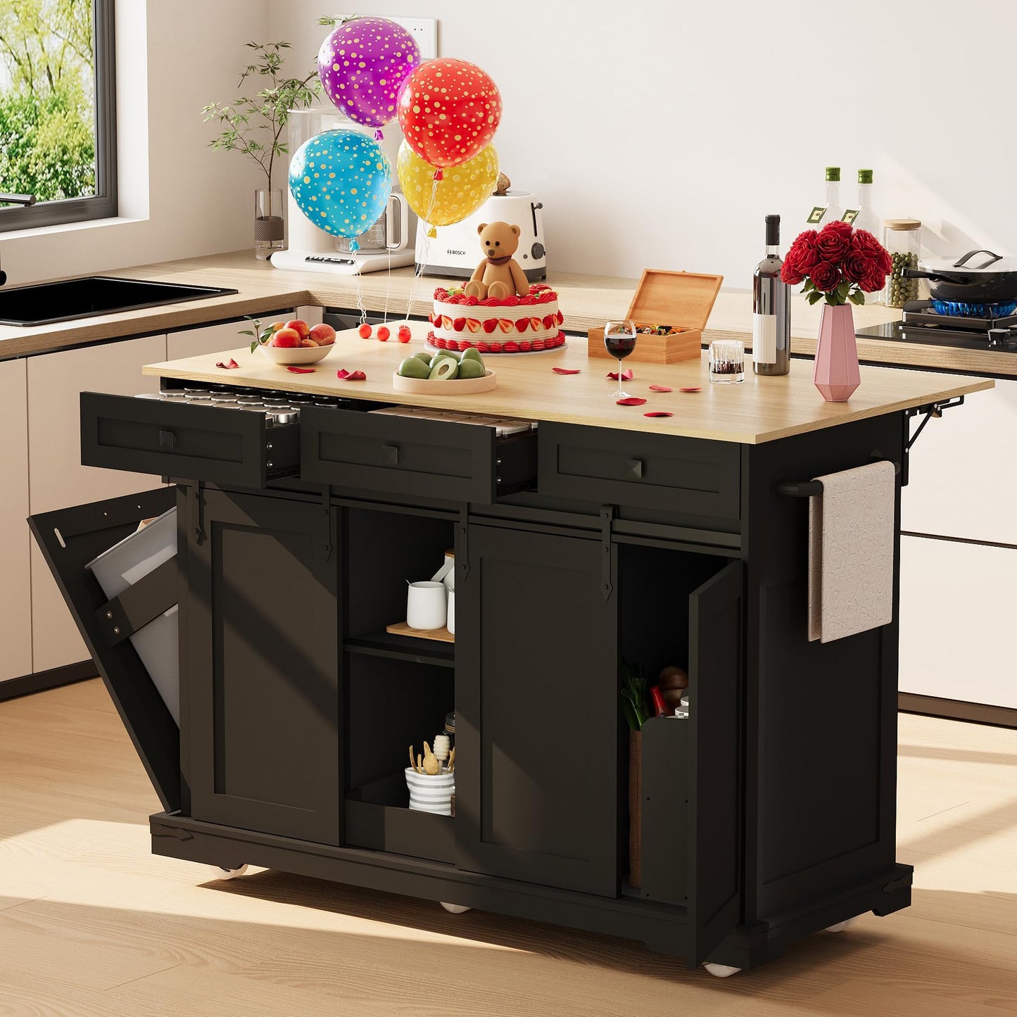Large Rolling Kitchen Island with Power Outlet, Mobile Kitchen Cart on Wheels with Drop Leaf, 3 Drawers, Trash Can Storage, Spice Rack, Towel Holder, Kitchen Island Table for Dining Room, Home, Black