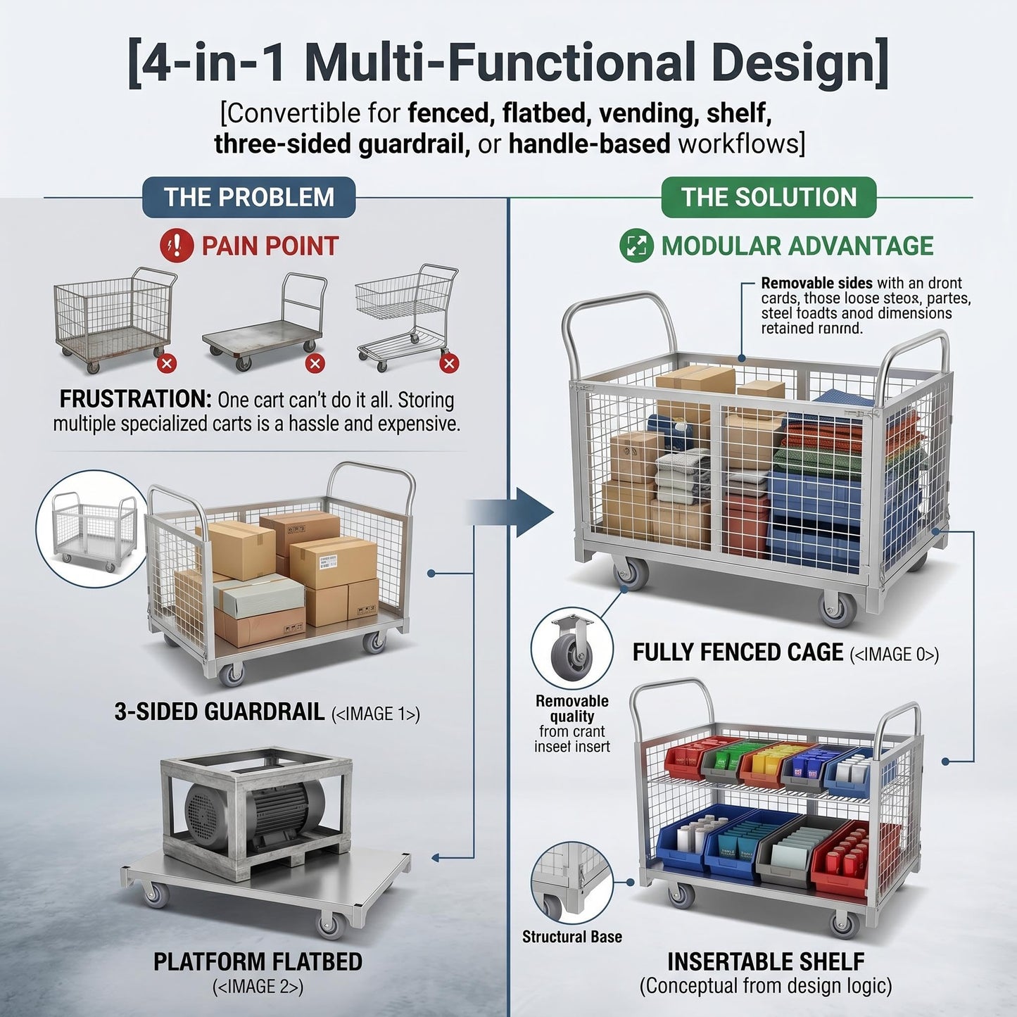 2200 LBS 4-in-1 Cart, Platform Truck Cart with maidian, 360° Direction Wheel Platform cart, Rust Resistant Steel Cage, for Grocery Store, Garage & Warehouse use