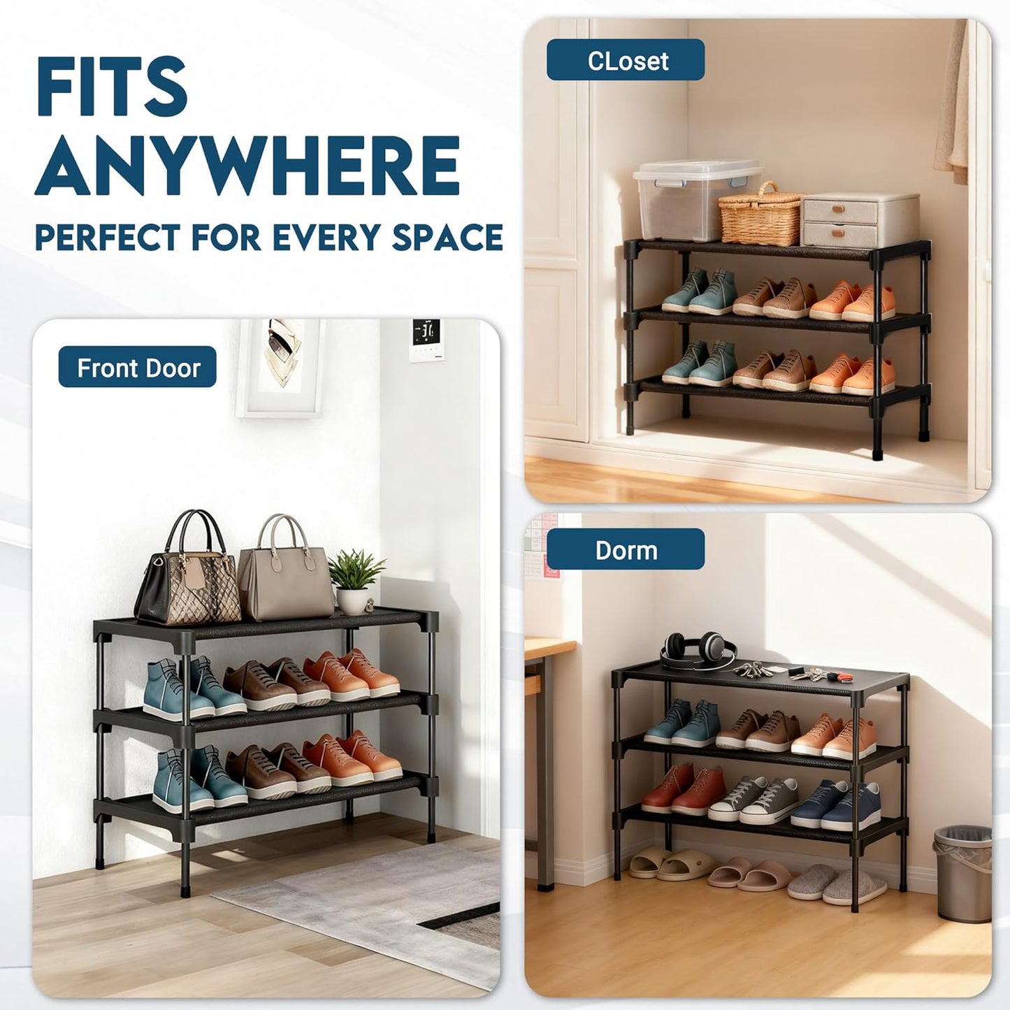 3 Closet, 28" LOFTEY Shoe Rack, Tier Non-Woven Shoe Shelf, Stackable Shoe Rack Organier for Front Door and Entryway