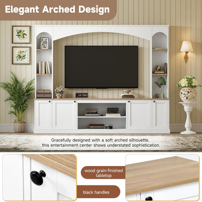 Merax Elegant Arched Entertainment Center Wall Unit with Bookshelf, Minimalism TV Stand for Televisions up to 70", Mid-Century Media Console with Adjustable Shelves for Living Room, White