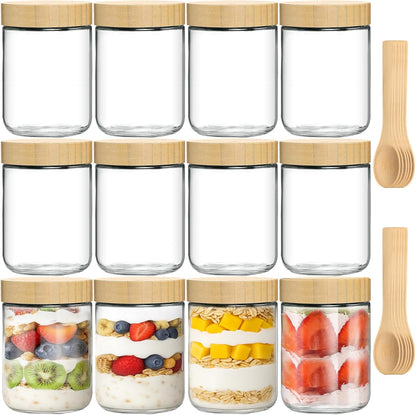 12 Pack 16oz TBWIND Glass Jars with Bamboo Lids, Spoons, Airtight Overnight Oats Containers, Salad& Yogurt Storage