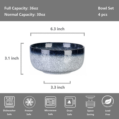 S&Q'S CERAMICS Cereal Bowls - 36 Ounce, Japanese Noodle Bowl Set, Ceramic Bowls for Kitchen, Breakfast, Oatmeal, Microwave and Dishwasher Safe, [Set of 4], Dark Blue