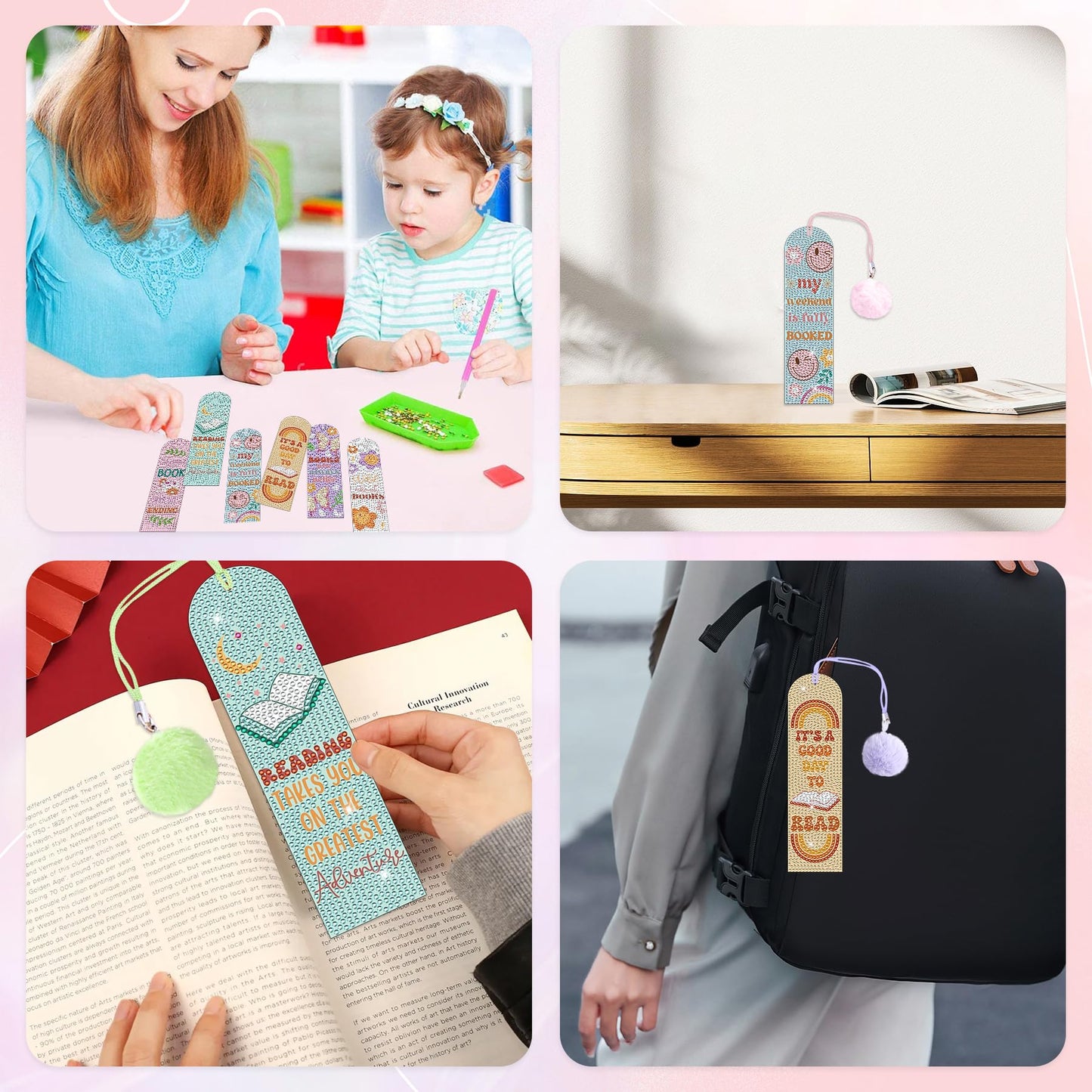 6PCS Kids Diamond Art Bookmarks Kit– DIY Reading Gifts for Classroom, Inspirational Quote Designs – Fun Art & Craft Activity for Boy and Girls