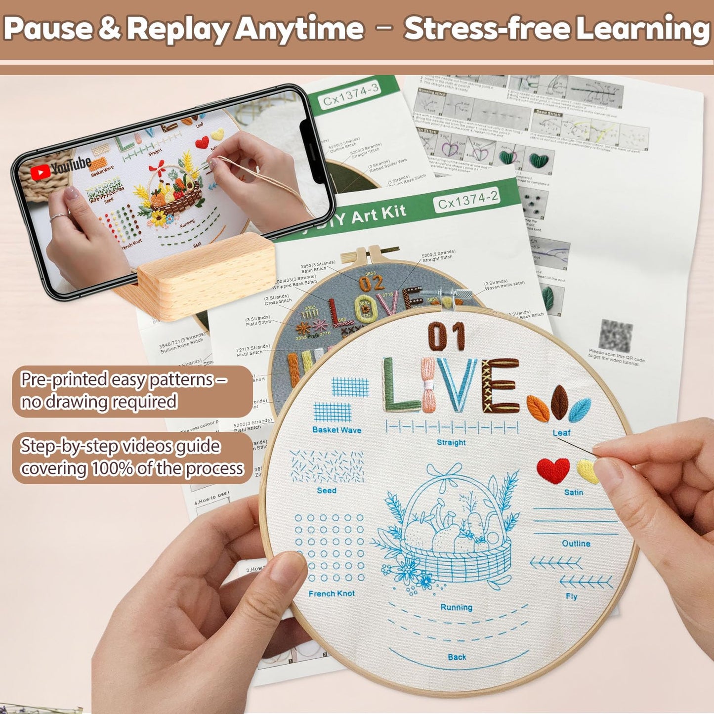 CLRDIVA Embroidery Starter Kit for Beginners: Easy DIY Needlepoint Set with Phone Stand for Step-by-Step Video Tutorials - Stress Free to Learn 29 Basic Stitches - Relaxing Crafts for Adults