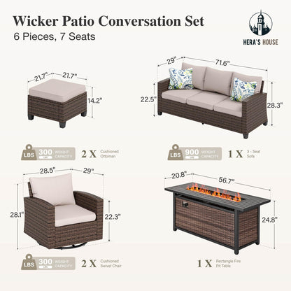 HERA'S HOUSE Swivel Glide Patio Furniture Set with 56" Fire Pit Table, 6 Pieces Outdoor Wicker Sectional Conversation Sofa Sets for Lawn Backyard Deck, Beige