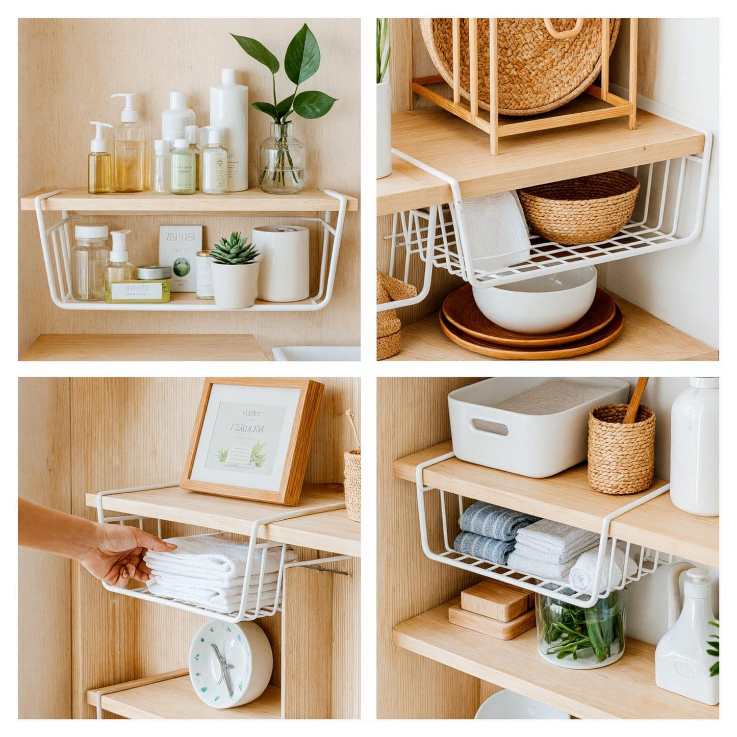 4-Pack White Under Cabinet Storage Baskets – Hanging Shelf Organizers for Kitchen, Pantry, Desk & Bookshelf – No-Tool Installation, Space-Saving Design