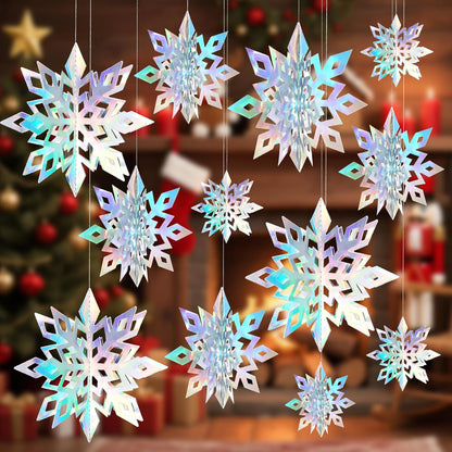 Skiennix 12PCS 3D Hanging Snowflake Decorations - Glitter Holographic Silver Ornaments for Winter Wonderland Holiday Decor