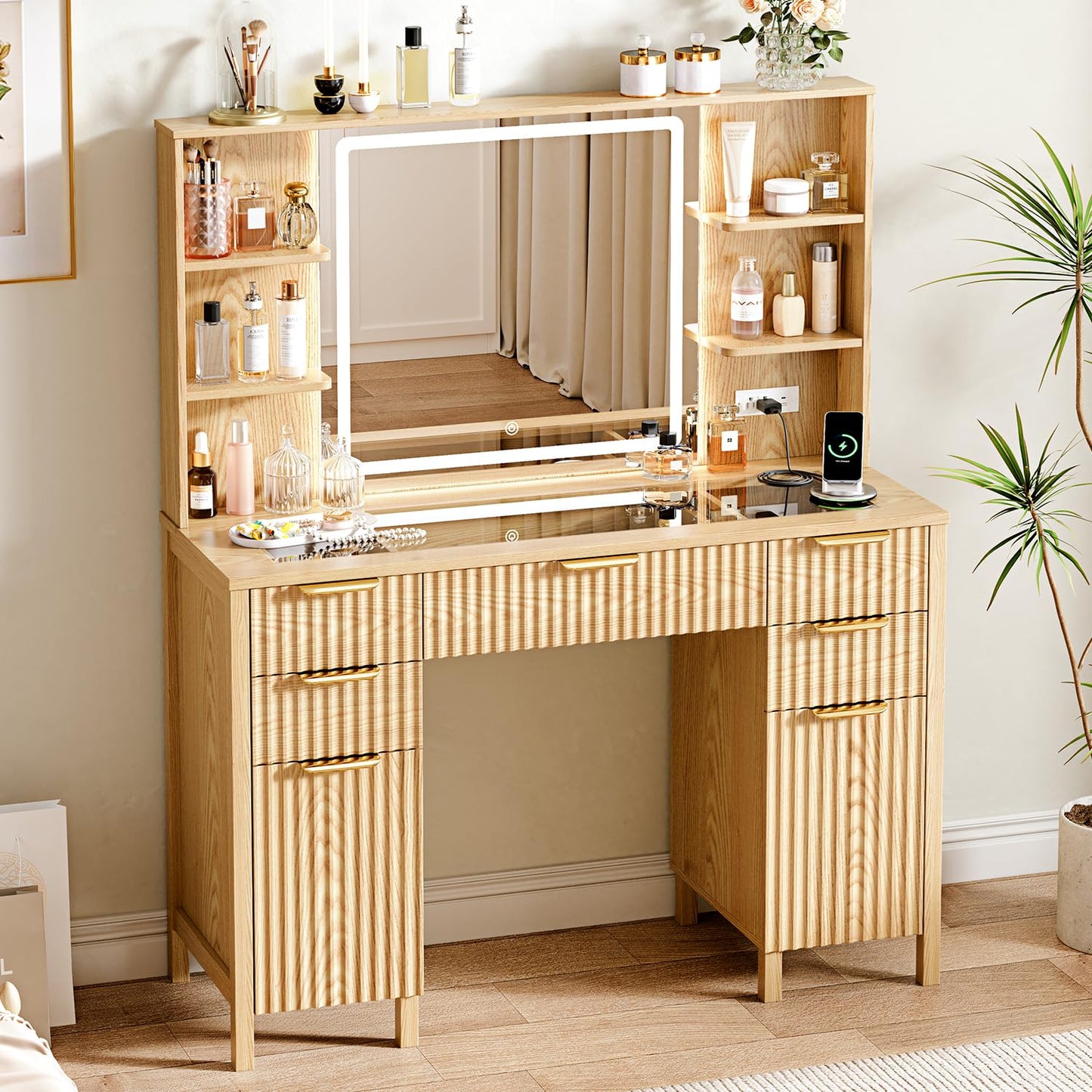 Vanity Desk with Large 27.2" Mirror and Lights 47.2" Fluted Makeup, 5 Drawer Vanity with Power Strip, 4 Open Shelves, 2 Cabinet, Modern Bedroom Vanity Featuring Visual Transparent Glass. Wood
