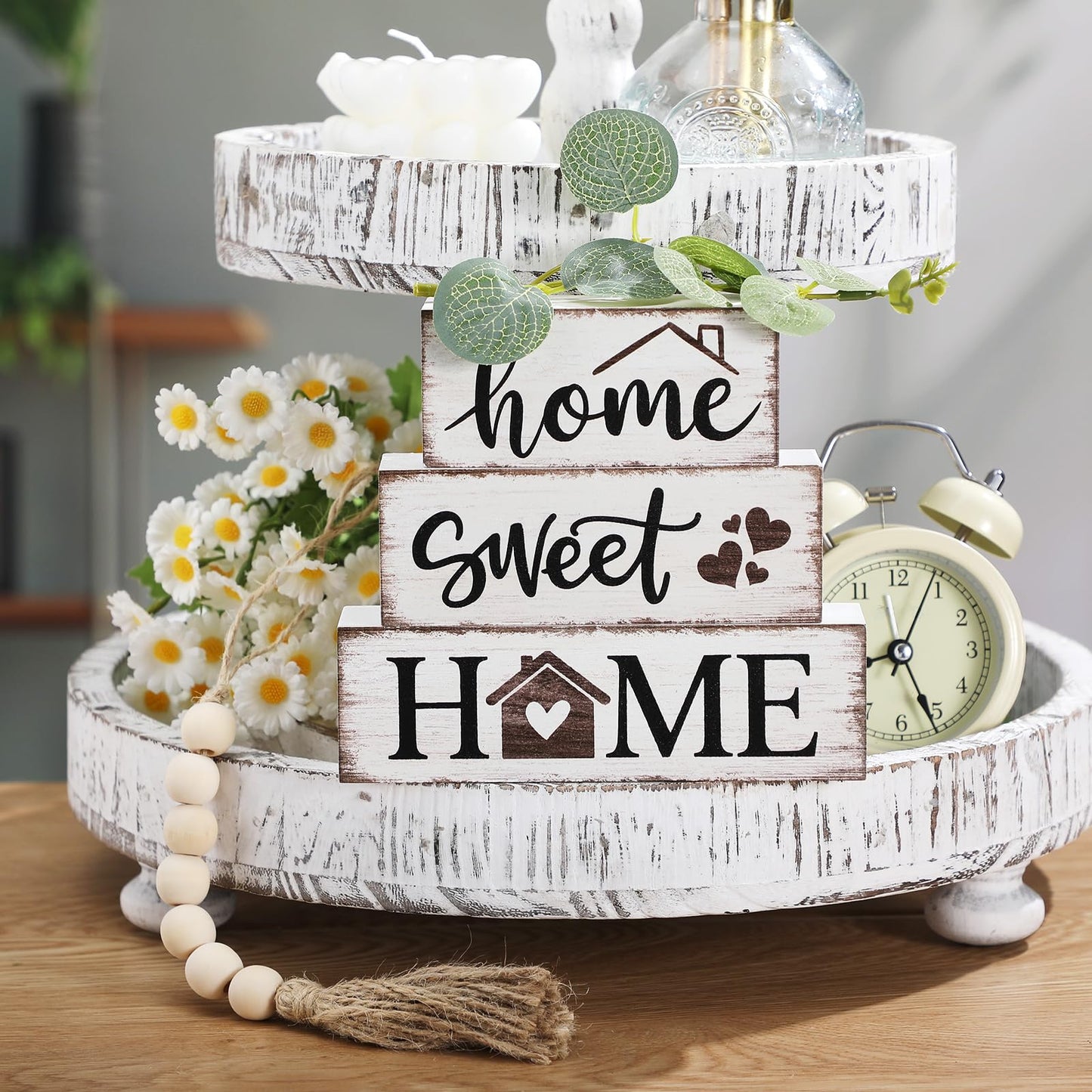 Yousoontic 5 Pcs Farmhouse Wooden Table Decor Rustic Tiered Tray Decor Neutral Block Sign Centerpiece with Bead Garland Faux Eucalyptus Leaves for Home Sweet Kitchen Entryway Living Room Shelves