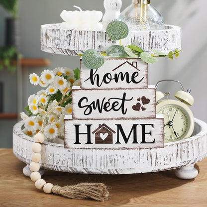 Yousoontic 5 Pcs Farmhouse Wooden Table Decor Rustic Tiered Tray Decor Neutral Block Sign Centerpiece with Bead Garland Faux Eucalyptus Leaves for Home Sweet Kitchen Entryway Living Room Shelves