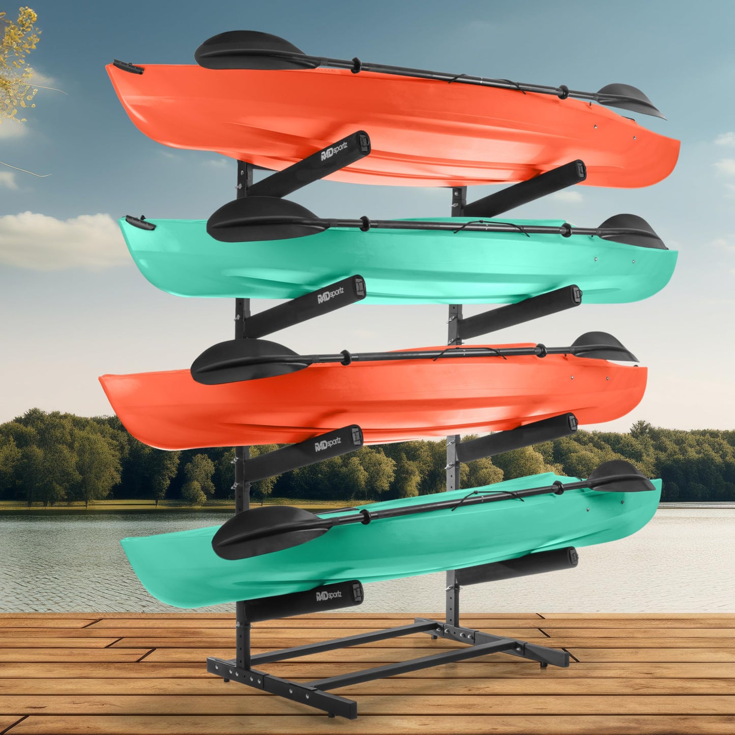 RAD Sportz Kayak Storage Rack - 4-Level Freestanding Adjustable Stand with Padded Arms and 400lb Capacity for Canoes, SUP, or Paddleboards (Black)