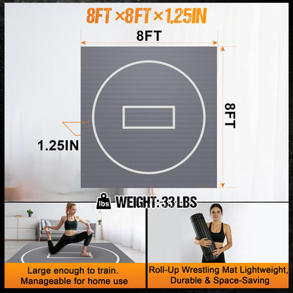 GianToucan Wrestling Mat for Home, ８’x ８’x 1.25” Grappling Mat for Wrestling, MMA, BJJ, Jiu Jitsu, Judo, Gym, Roll-Up Wrestling Practice Mat for Kids & Adults，Easy to Clean Indoor/Outdoor, Gray