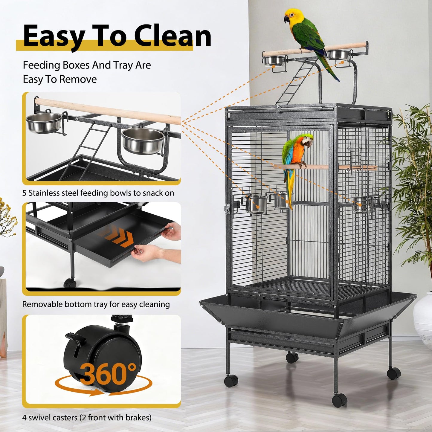 Large Vintage Wrought Iron Bird Cage - Rolling Stand, Stainless Bowls, Non-Toxic Coating, Flight Cage, Easy Clean,for Various Birds,65inch
