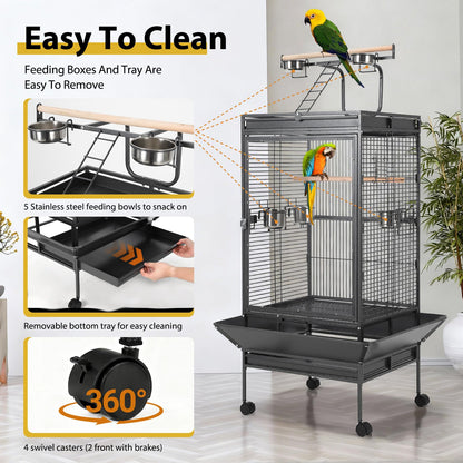Large Vintage Wrought Iron Bird Cage - Rolling Stand, Stainless Bowls, Non-Toxic Coating, Flight Cage, Easy Clean,for Various Birds,65inch