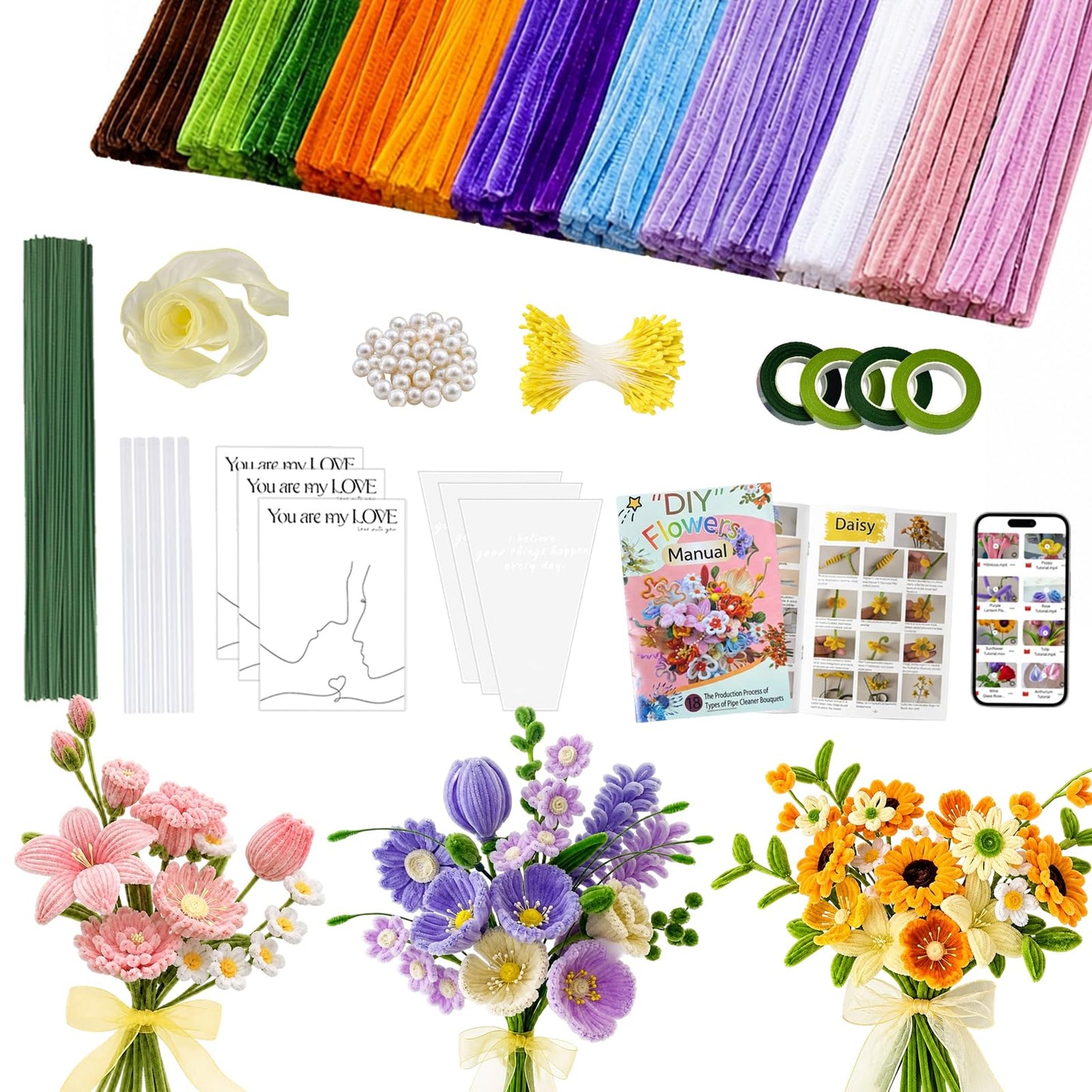 Missicee 800 PCS Pipe Cleaner Flower Kit, DIY Pipe Cleaners Bulk Craft Bouquet Making Kit with 13 Colors Chenille Stems, Floral Wires, Stamen, Ribbon, Instruction, Art and Craft Supplies