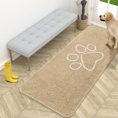 OLANLY Dog Door Mat - Absorbent Non-Slip Chenille for Muddy Paws | 59x24 Beige Paw Print Design