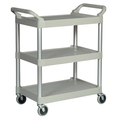 Rubbermaid Commercial Products Heavy Duty 3-Shelf Rolling Service/Utility/Push Cart, 200 lbs. Capacity, Platinum, for Foodservice/Restaurant/Cleaning/Warehouse/Garage