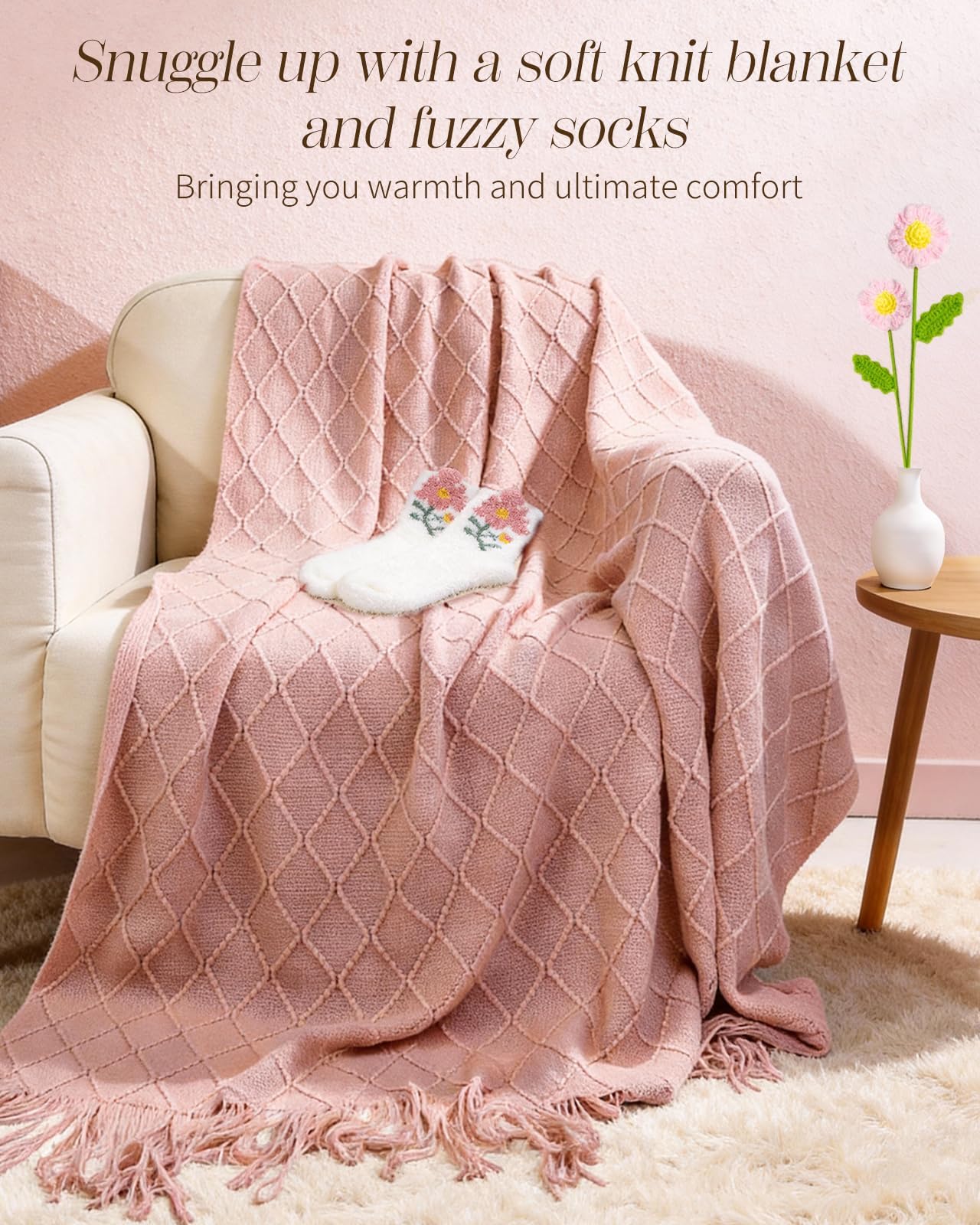Coralogo Self Care Gift Baskets for Women - Rose Scent Pink Birthday Gifts Box for Women Get Well Soon Unique Mothers Day Relaxing Spa Gift Basket with Knit Blanket for Wife Mom Girlfriend Sister Her