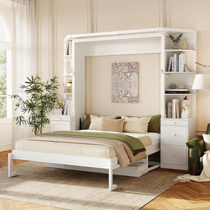 Merax Queen Murphy Bed with Desk and Storage, Hidden Wall Bed with Foldout Workstation, Shelves and Cabinets for Space-Saving Home Office, White
