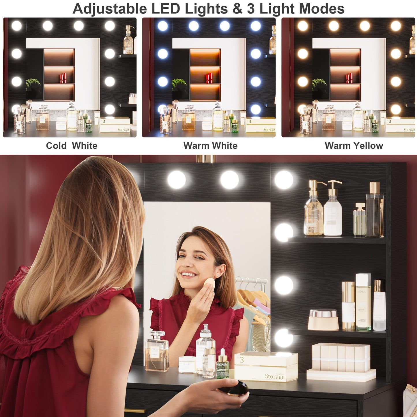 Vanity Desk Table with Lighted Mirror 45.6“ Girls Makeup Vanity with Power Outlet, 3 Colors Lighting Adjustable,8 Stroge Drawers, Brightness Vanity Table for Women Bedroom Dressing Room