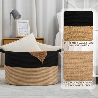 Gosipeya XXXLarge Woven Cotton Rope Basket (21.7" x 13.8") – Blanket Basket for Living Room, Laundry Hamper, Baby Laundry Hamper, Toy Storage, Pillows & Cushions Organizer (Black&Brown)