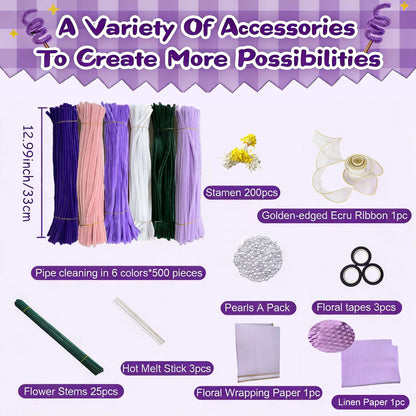 ZFTFZ Purple DIY Pipe Cleaners Bluk Craft - 500pcs Chenille Stems (6 Colors), 25 Floral Stems & Stamen - Includes Mesh, Wrapping Paper & Gift Box for Handmade Rose/Tulip Art