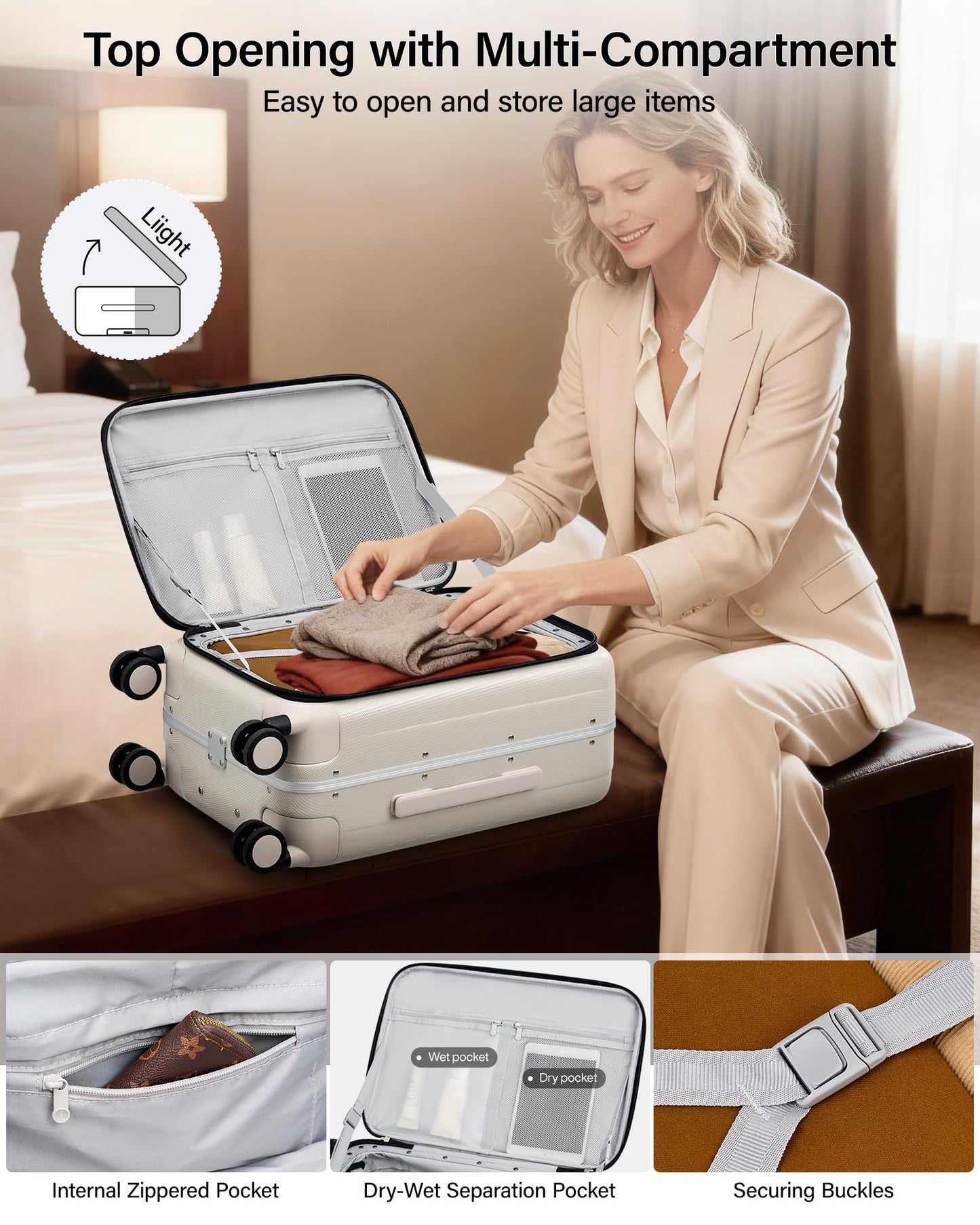 Hanke 26 Inch Large Luggage Suitcase Top Opening Aluminum Frame Travel Luggage Hard Shell Suitcases with Wheels for Woman Men.(Ivory white)