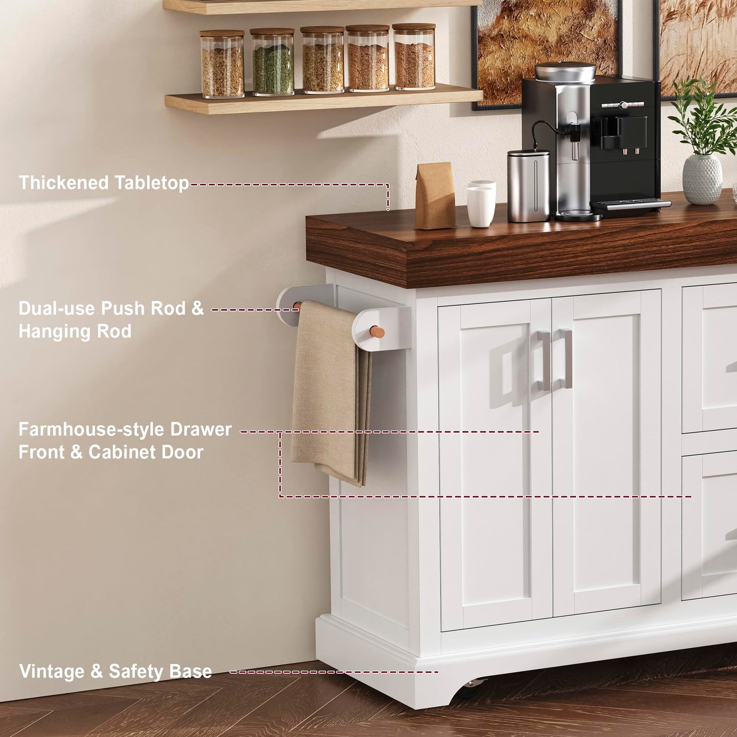 Trygoal 53" Large Kitchen Island with Ultra-Thick 3.5" Countertop, Heavy-Duty Rolling Storage Cart on 5 Wheels, 2 Extra-Large Drawers, Adjustable Cabinet Shelf, for Kitchen, White