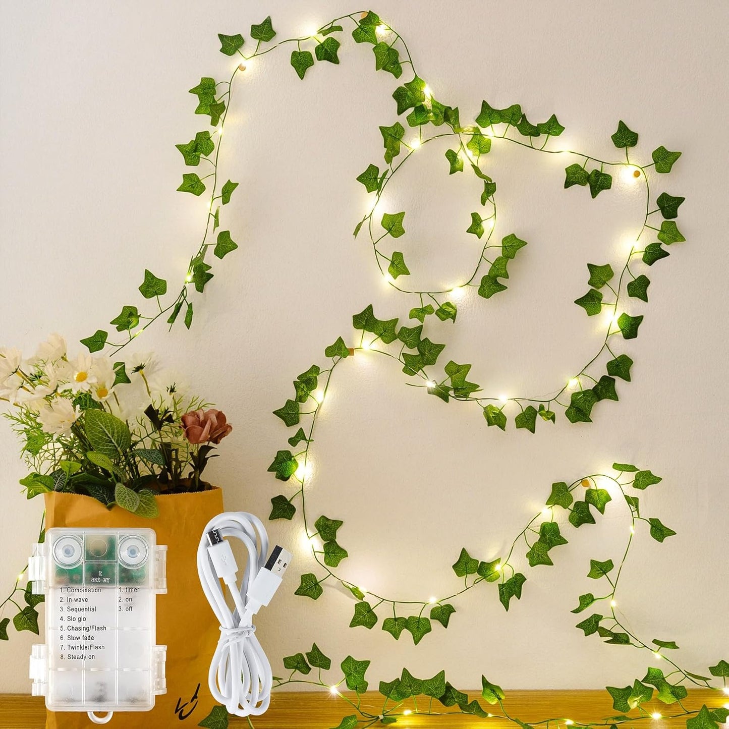 23 73 HEYFUNi Fake Ivy Vines with Lights, Ft Led Artificial Greenery Garland with Fairy Lights USB/Battery Operated