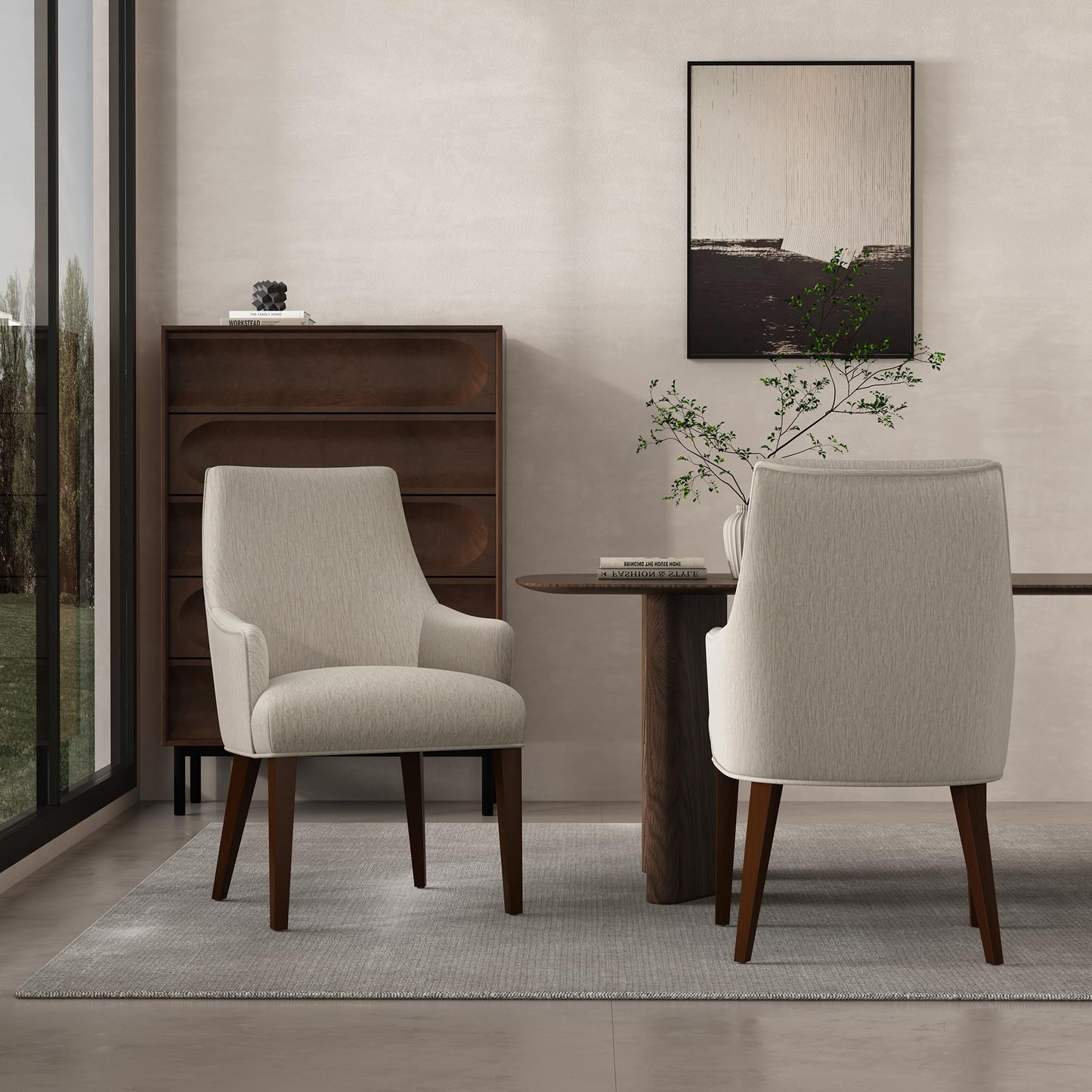 Manhattan Comfort Beever Modern Dining Chairs with Arms, Luxurious Chenille Upholstery, Foam Padded Seat, Rubberwood Legs, Sloped Ergonomic Back, Kitchen and Dining Room Furniture, Set of 2, Taupe