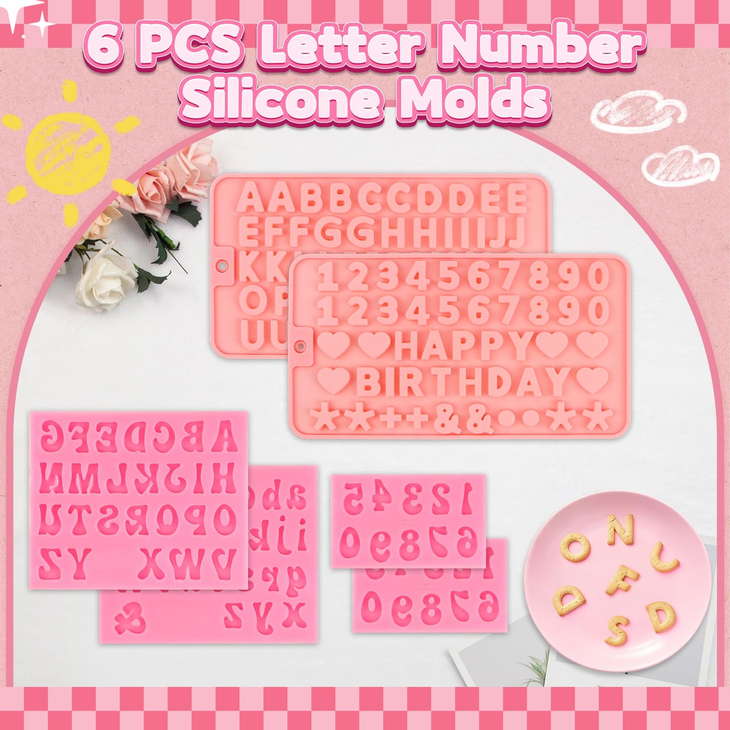 6PCS Chocolate Molds, Letters Numbers Silicone Chocolate Molds Reusable Alphabet Candy Molds with Happy Birthday Heart Shaped for Baking Desserts and Strawberries, Candy, Cake Decoration
