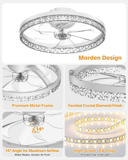 Aphyni Ceiling Fans with Lights and Remote Low Profile Flush Mount LED Ceiling Fan with Lights 3000K-6500K Dimmable Foldable Fandelier Light 6 Wind Speeds Night Light for Bedroom Living Room White
