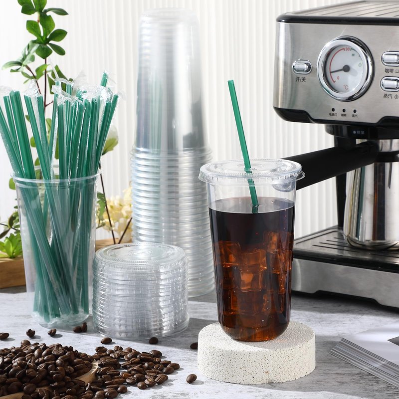 Baderke 25 Set Plastic Cups with Lids and Straws, Disposable Plastic Iced Coffee Cup for Cold Beverage Juice Smoothie Crystal for Coffee Shops Party Catering(Clear,20 oz)