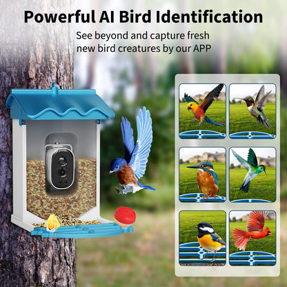 Smart Bird Feeder with Camera, 4K Ultra HD Live Video Wild Bird House with AI Recognition of 8000+ Species,Solar Powered Wireless Bird Camera,Squirrel Deterrent,Auto Capture,Ideal Gift for Bird Lovers
