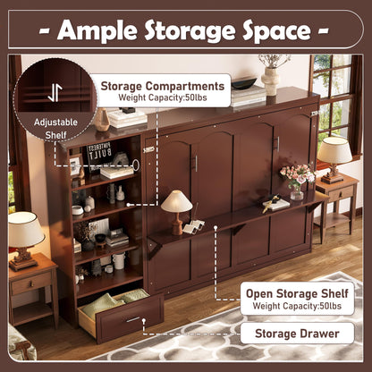 Merax Queen Murphy Bed with 3 Height Adjustable Storage Shelves & 1 Drawer, Wall Bed Frame Multifunctional Foldable Platform Bed for Small Space, Bedroom, Guest Room, Bear 500LBS (Walnut)